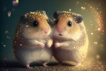 Two cute hamsters holding hand. Valentine's day.