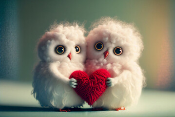 Two cute owls holding wool heart. Valentine's day.