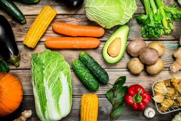 Healthy food. Variety of ripe fruits and vegetables.
