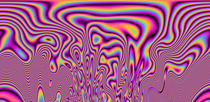 Abstract trippy background with marbled ebru texture and multicolored streaks. 