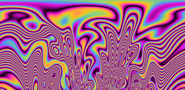 Abstract trippy background with marbled ebru texture and multicolored streaks. 