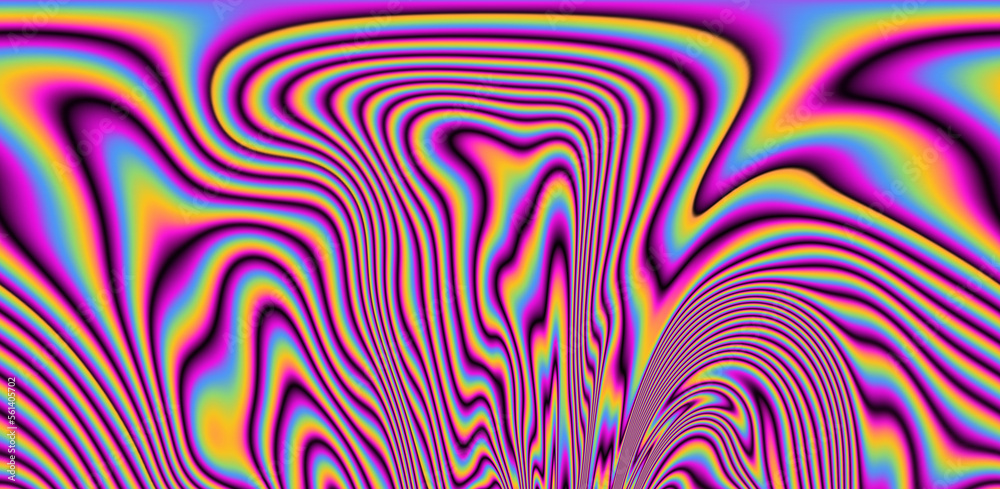 Poster texture of a glitched tv screen with wavy and distorted moire pattern in acid colors.