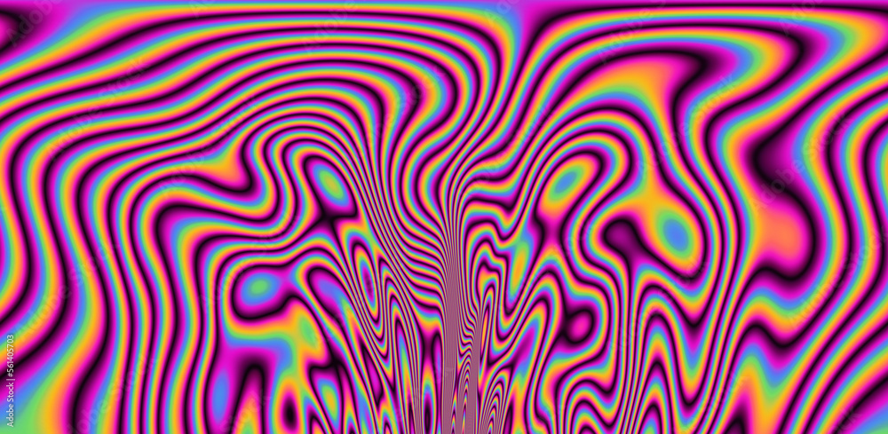 Poster texture of a glitched tv screen with wavy and distorted moire pattern in acid colors.