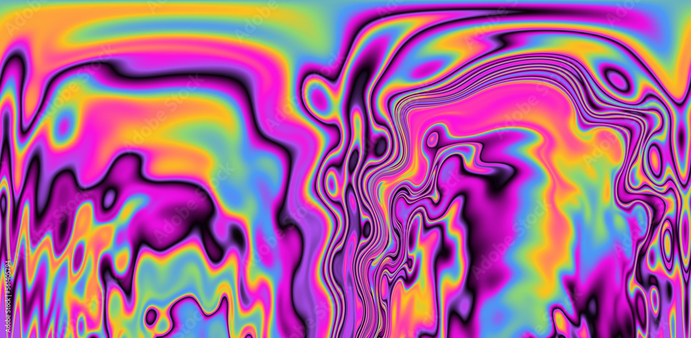 Poster Abstract trippy background with marbled ebru texture and multicolored streaks. 
