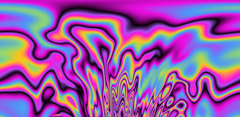 Abstract trippy background with marbled ebru texture and multicolored streaks. 