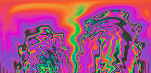 Abstract trippy background with marbled ebru texture and multicolored streaks. 