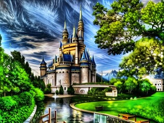 Church of the holy trinity. Beautiful picture of Castle in the Forest. The magnificent temple has green trees, black clouds and a lake.