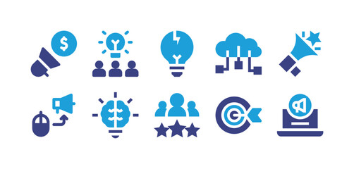 Marketing icon set. Duotone color. Vector illustration. Containing marketing, brainstorming, idea, cloud computing, megaphone, digital marketing, creativity, best employee, target.