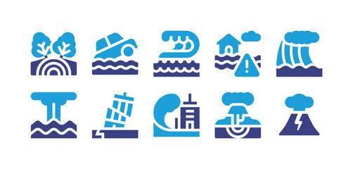 Natural disaster icon set. Duotone color. Vector illustration. Containing disaster, flood, tsunami, natural disaster, eruption, earthquake, danger, volcano.