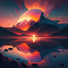 Mountain Beautiful Sunset Art Wallpaper Background