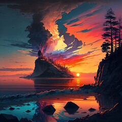 Mountain Beautiful Sunset Art Wallpaper Background