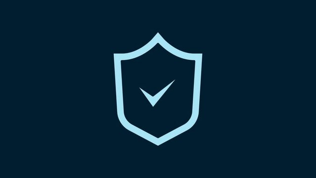 White Shield with check mark icon isolated on blue background. Security, safety, protection, privacy concept. Tick mark approved. 4K Video motion graphic animation