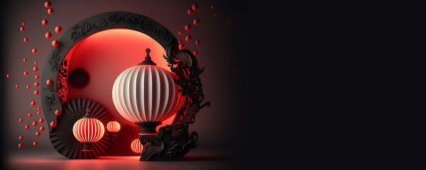 Chinese New Year 2023, Lunar New Year, card, copy space Generative AI,Prosperity Lunar New Year 2023,lantern card, chinese new year cover or background, red and black theme,chinese background