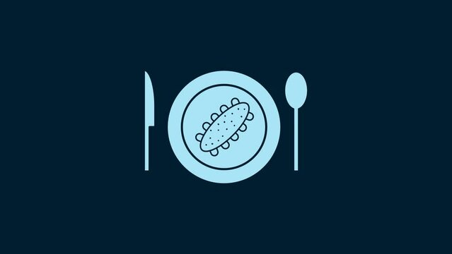 White Served cucumber on a plate icon isolated on blue background. Marine food. 4K Video motion graphic animation