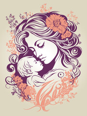 Mother and Baby with Flower Pattern in Vector, Mother's day