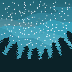 Obraz premium Night landscape with pine and stars in dark sky. Vector illustration.