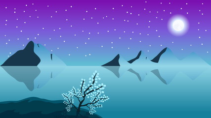 Night landscape with full moon, stars in dark sky and mountains. Quiet beautiful lake. Vector illustration.