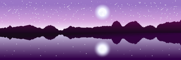 Fototapeta na wymiar Night landscape with full moon, stars in dark sky and tree silhouette. Quiet beautiful lake. Meteor. Vector illustration.