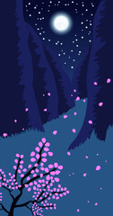 Fototapeta na wymiar Night landscape with full moon, stars in dark sky and mountains. Mountain gap. Beautiful flowers in the night. Vertical figure. Vector illustration.