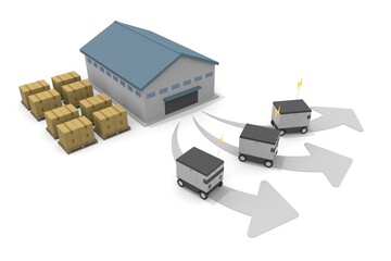 A delivery robot departs from the warehouse. warehouses and trucks. A robot that automatically delivers from the factory. Unattended delivery to your home.