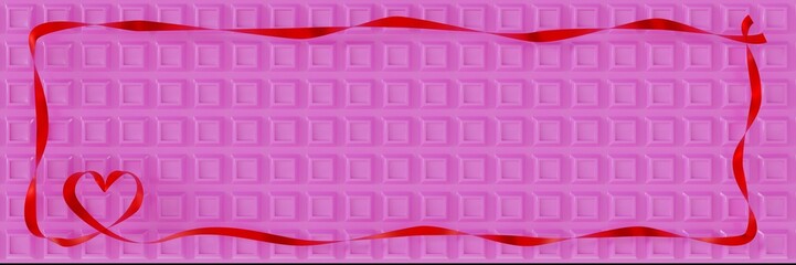 Valentine's Day Background: Red Ribbon Frame with Heart Shape on pink chocolate background (3D Rendering)