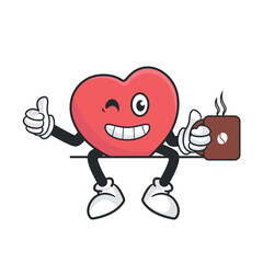 Cute heart retro mascot vector illustration with a funny face. Vintage style cartoon character for valentines day cards and gifts.