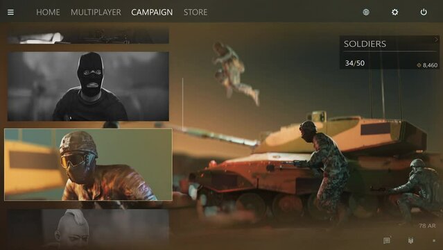 Animation of the of the modern console video game simulator. Playing the campaign mission of the shooter console video game. Dying to the NPC shot in a army console video game. Defeat screen. FPS