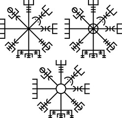 Vegvisir Viking compass with three variations. Nordic rune. Editable stroke.