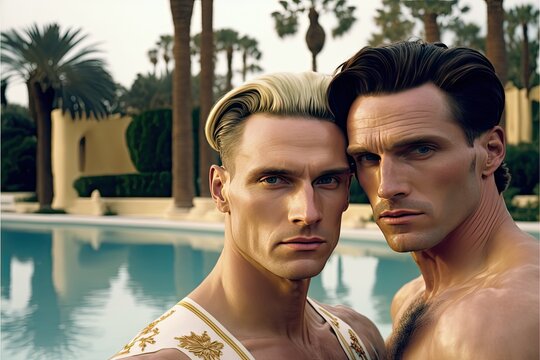 Mature gay couple posing at their backyard swimming pool area looking at the camera. This image is generated with generative AI