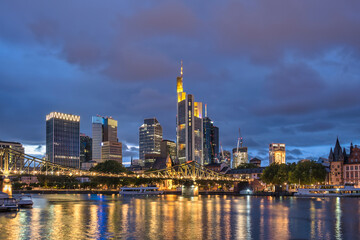 Fototapeta na wymiar Frankfurt Germany, night city skyline at Main River and business skyscraper