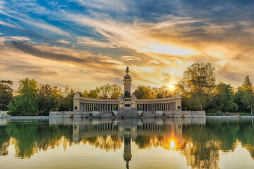 Madrid Spain, sunrise city skyline at El Retiro Park - 561413799
