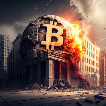 A huge rock ball on with the bitcoin logo on it in flames and burning the building under it