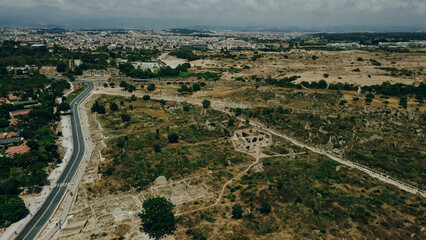 aerial view of Ancient Side city agora, central hall ruins. Side, Antalya province, Turkey.