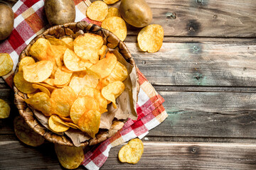 Potato chips in the basket.