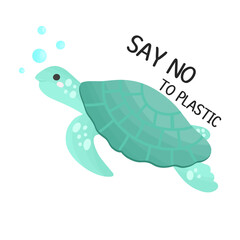 Turtle poster with say no plastic, save sea animal environment protection and save world