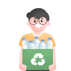 man doing waste separation recycling plastic bottles, carrying bags with garbage to different trash bins, environment protection and save world