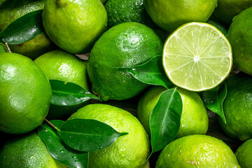 Fresh juicy lime with leaves.