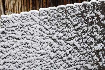Windblown snow on a cedar fence