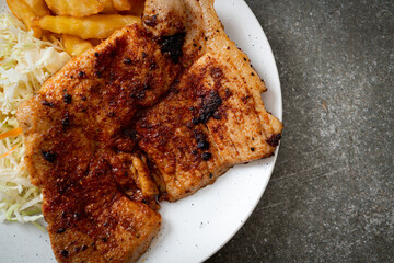 grilled spicy barbecue pork steak with french fries