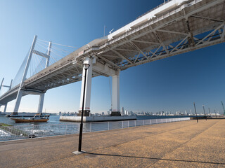 Fototapeta na wymiar 冬晴れの大黒ふ頭西緑地から横浜港と横浜ベイブリッジ