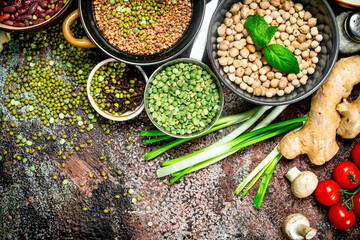 Healthy food. Assortment of Fruits and vegetables with legumes.