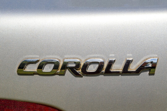 April 23, 2022. Spartanburg SC USA. The Toyota corolla logo is located on the back of the vehicle.