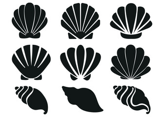 seashell set silhouette illustration isolated on white background - obrazy, fototapety, plakaty