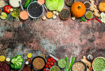 Fototapeta na wymiar Healthy food. Assortment of Fruits and vegetables with legumes.
