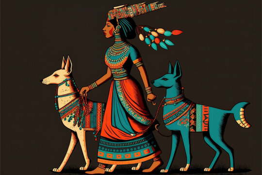 Woman walking dogs, flat vector illustration made with Generative AI
