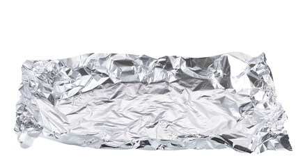 piece of crumpled foil isolated on a white background. White shiny aluminum foil wrap .