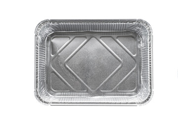 Empty disposable square aluminium foil baking dish isolated on white background, top view.