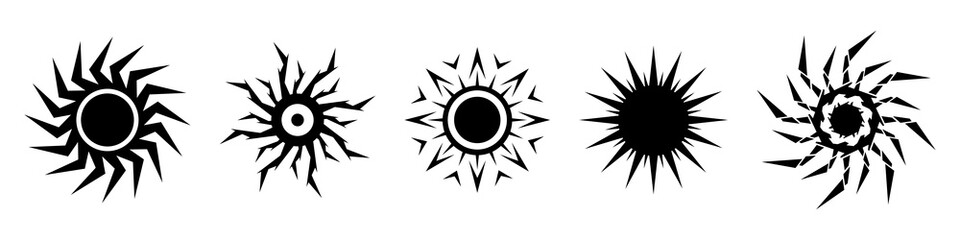 Abstract black sun or zigzag icon set. Sunshine, sunlight black symbol. Vector illustration isolated on white background.