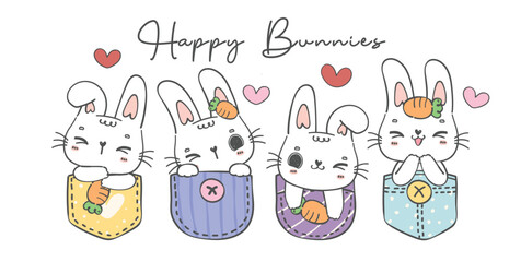 group of four cute baby white happy bunny rabbit animal in sweet t shirt pocket cartoon character doodle hand drawing vector