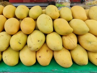 Beautiful, smooth, ripe yellow mangoes arranged on a table for sale in a market in Thailand.